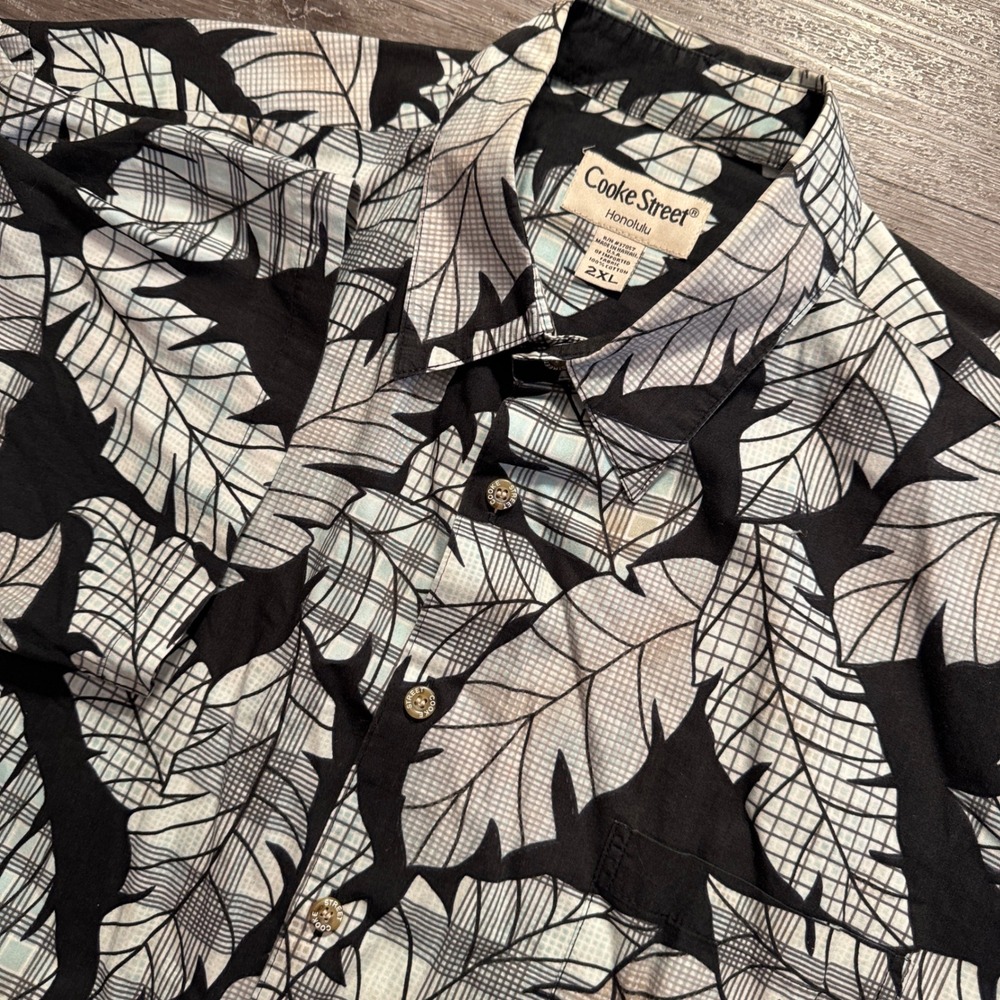 Cooke‎ Street Shirt Mens 2XL Black White Cotton Tropical Leaf Hawaiian Aloha Top